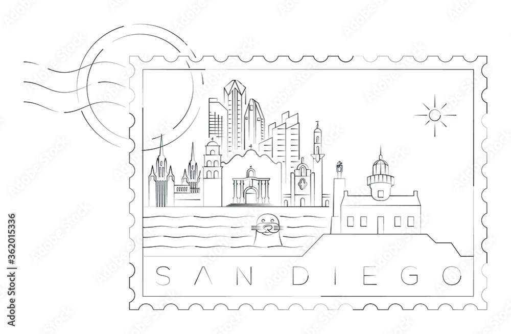 San Diego stamp minimal linear vector illustration and typography design, California, Usa  