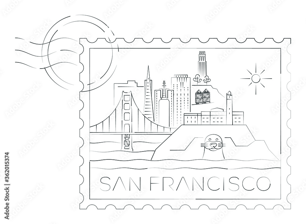 San Francisco stamp minimal linear vector illustration and typography design, California, Usa    