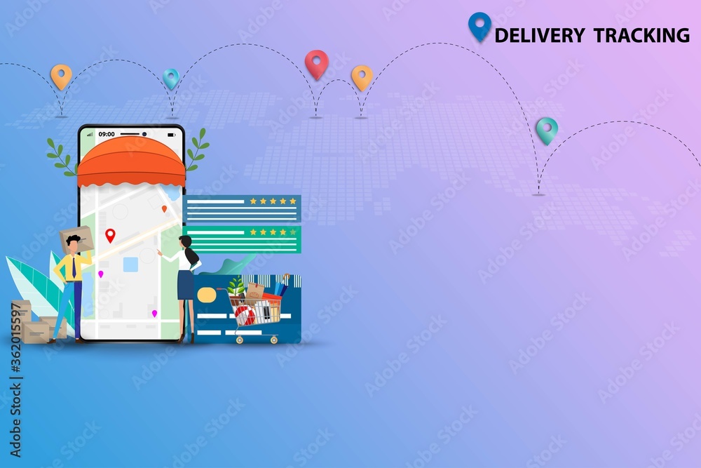 Fototapeta premium Concept of delivery tracking, businessman and woman are checking and track the shipment from online order in front of a big screen of smartphone that contain map, GPS, customer rating and reviews.