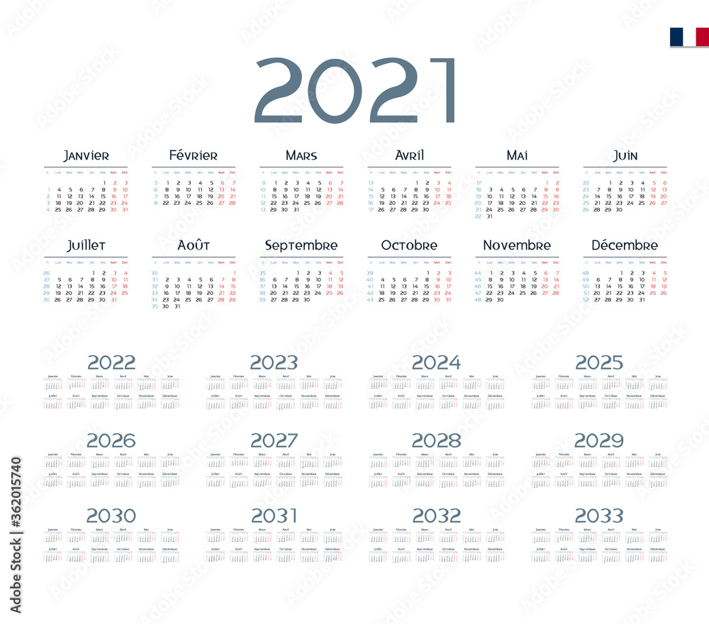 French Calendar for 2021-2033. Week starts on Monday French Calendar for 2021-2033. Week starts on Monday