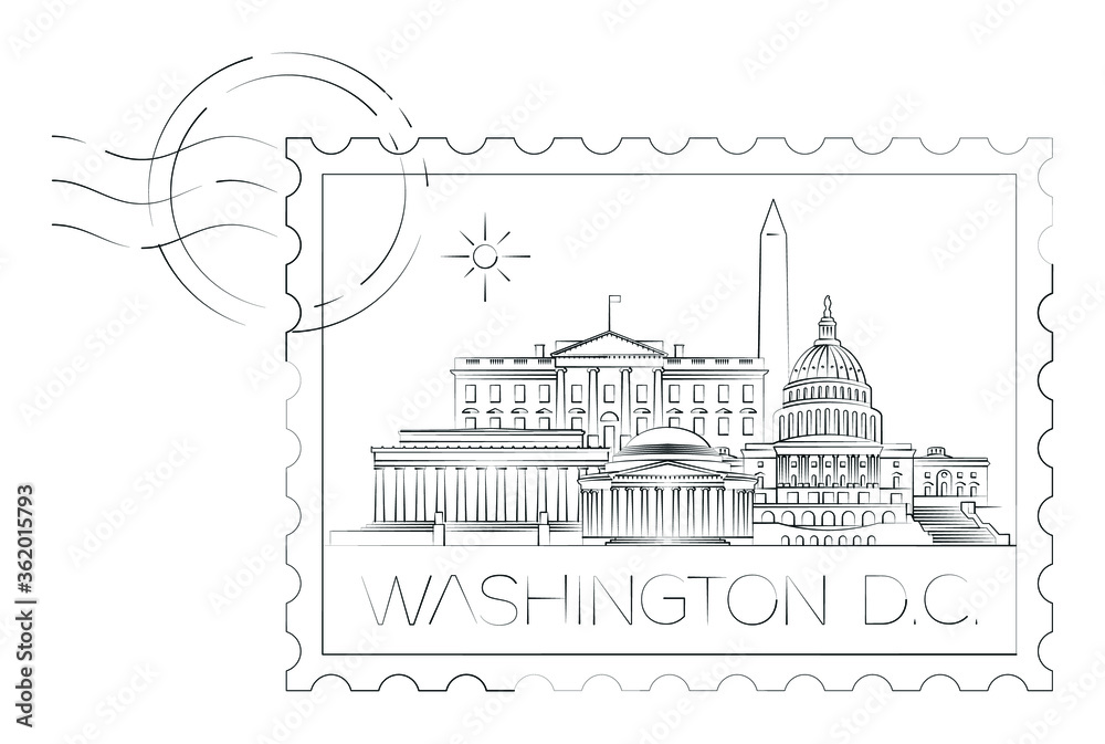 Washington D.C. stamp, minimal linear vector illustration and typography design, Usa
