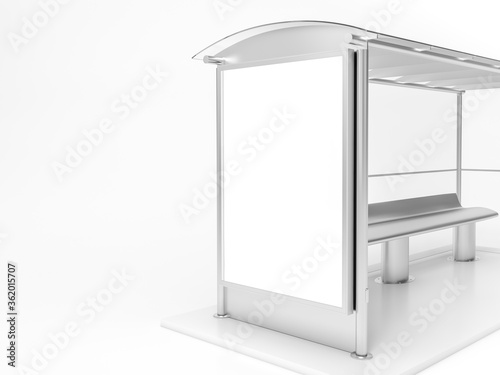 Modern bus stop with blank white poster. Close up, Mock up 3D Rendering. 3d illustration Bus stop with blank banners LED light isolated on white background.