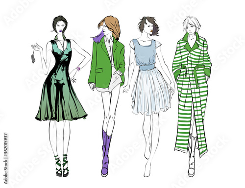 Beautiful young women in modern style.. Hand drawn stylish woman portrait. Fashion lady. Festive outfit. Sketch. Fashion model posing in dress. Hand drawn fashion woman.