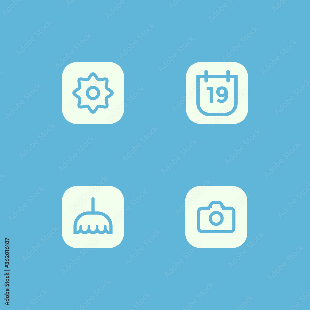 4 lines modern icons in the shape a rounded box, including settings, camera, cleaning and calendar, vector illustration eps10, colored blue 4 lines modern icons in the shape a rounded box, including settings, camera, cleaning and calendar, vector illustration eps10, colored blue