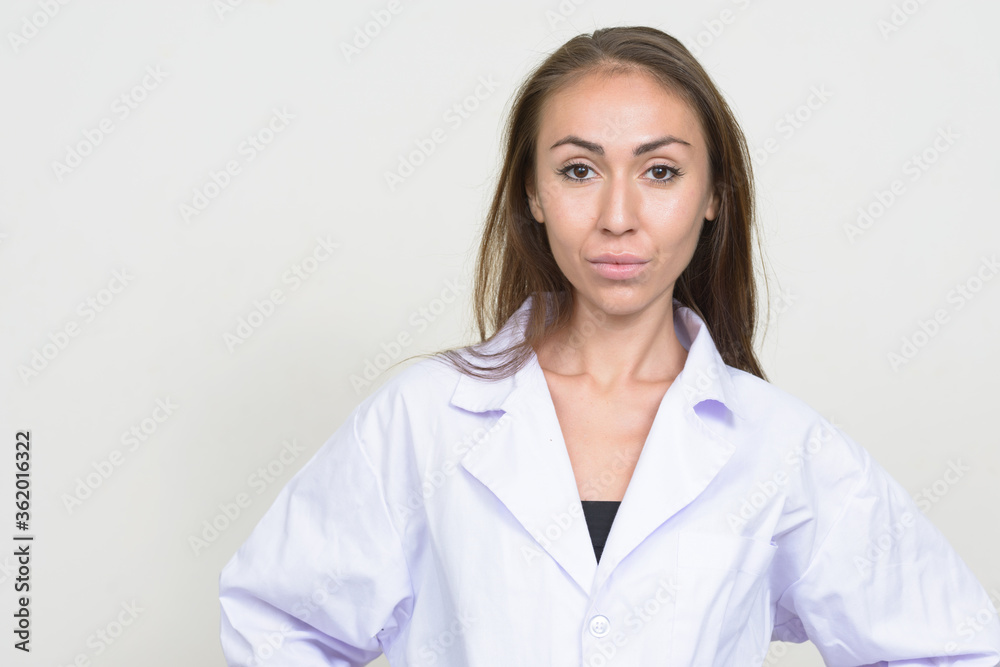 Portrait of young woman doctor with brown hair Portrait of young woman doctor with brown hair