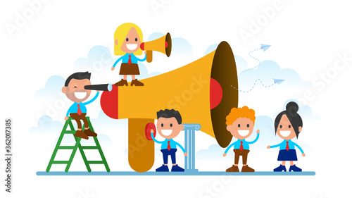 People make an announcement. Megaphone vector illustration.
