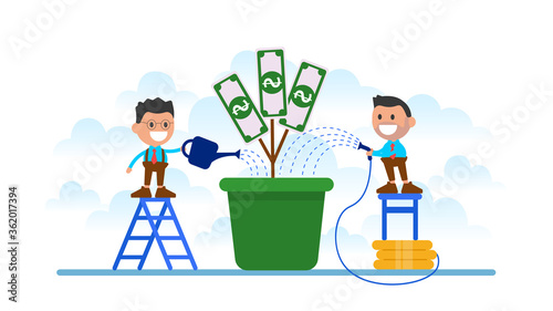Business people water a money tree.
