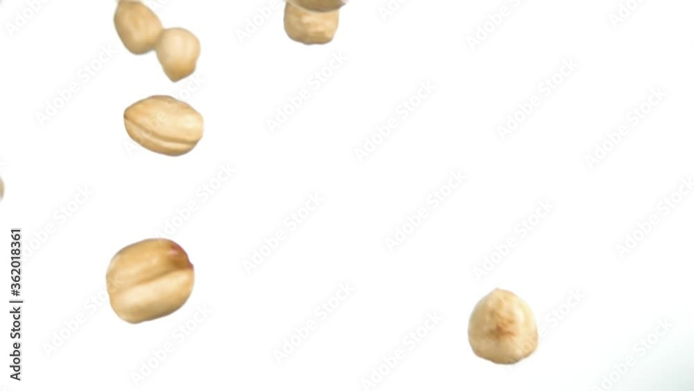 Close-up of hazelnuts falling down and rotating on white background in slow motion Close-up of hazelnuts falling down and rotating on white background in slow motion
