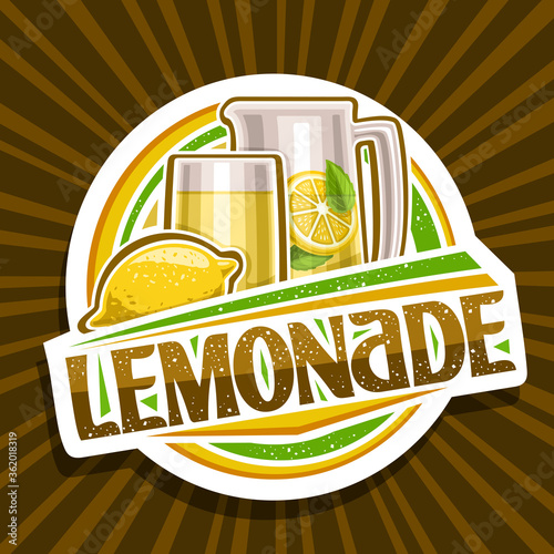 Vector logo for Lemonade, decorative cut paper sign with illustration of whole lemon and drink in glass and pitcher, fruit concept with unique lettering for word lemonade on brown abstract background.