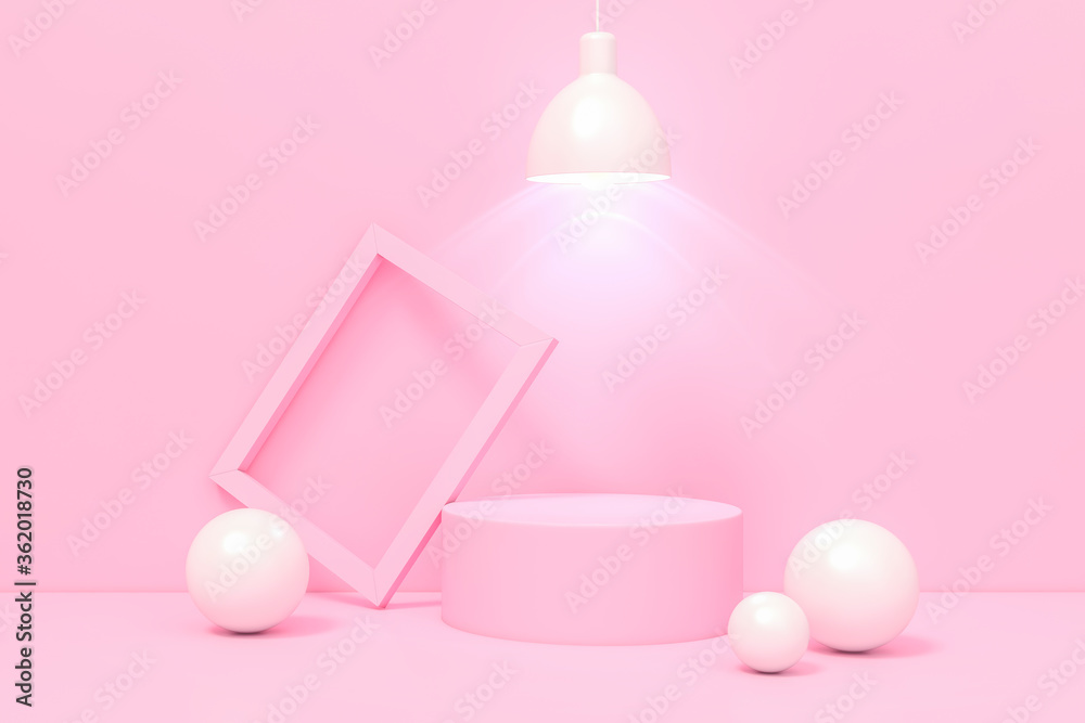 Pink 3d rendering geometrical abstract background Scenes with podium display stand scenes and light lamp in pink color. 3d illustration minimal style concept. Pink 3d rendering geometrical abstract background Scenes with podium display stand scenes and light lamp in pink color. 3d illustration minimal style concept.
