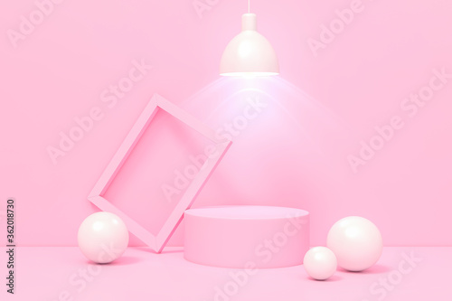 Pink 3d rendering geometrical abstract background Scenes with podium display stand scenes and light lamp in pink color. 3d illustration minimal style concept.