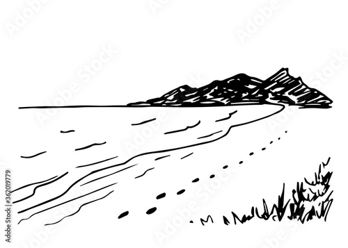 Hand drawn ink vector drawing. Sea coast, mountains on the horizon, footprints in the sand, grass. Simple landscape, nature, relaxation and tourism.