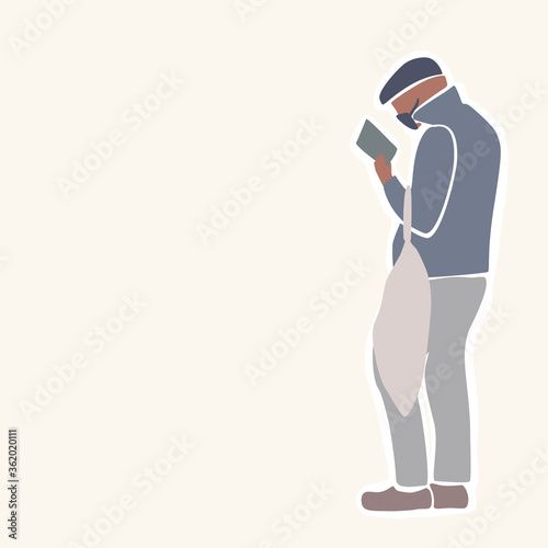 
Social distancing male person in a queue concept. Shopper with face mask and bag waiting in line. Preventative clip art symbol with copy space. 