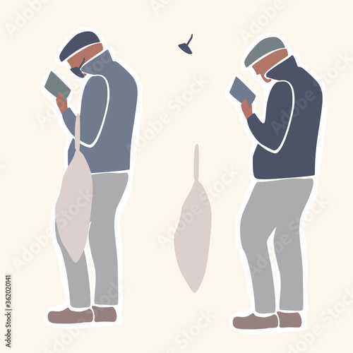
Social distancing male person in a queue concept. Shopper with face mask and bag waiting in line. Preventative clip art symbol with copy space. 
