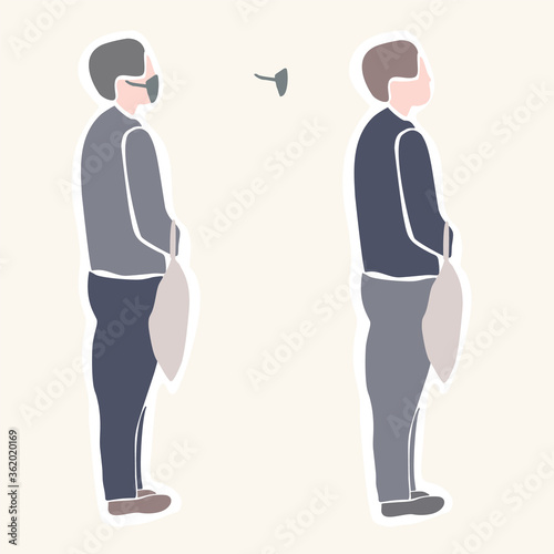 
Social distancing male person in a queue concept. Shopper with face mask and bag waiting in line. Preventative clip art symbol with copy space. 