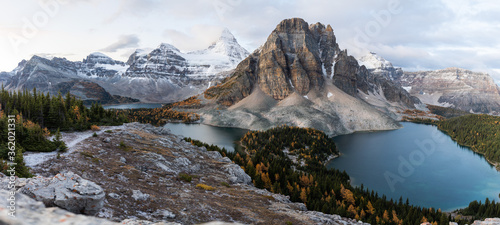 Panoramic view of a tall mountain with two lakes