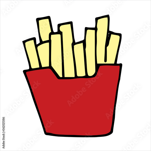 vector illustration in doodle style, cartoon. French fries. Cute fast food icon, french fries in red bag. product clip art