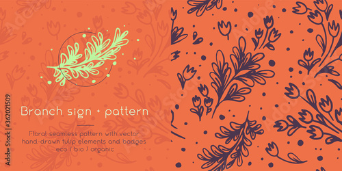 Vector flower seamless pattern. Hand drawn tulip wreath. Natural banner template. Romantic vintage wedding invitation card. Floral emblem for label bio cosmetic with Tulip garland and herb background.