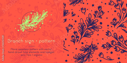 Vector flower seamless pattern. Hand drawn tulip wreath. Natural banner template. Romantic vintage wedding invitation card. Floral emblem for label bio cosmetic with Tulip garland and herb background.