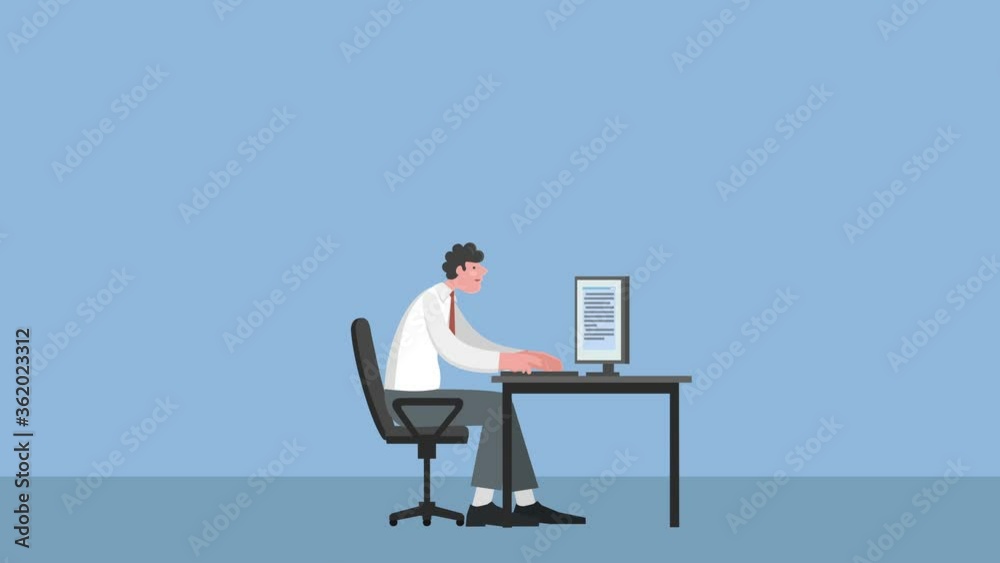 Happy Cartoon Computer Workplace with Joyful Man Character Success Jumping Side View Animation