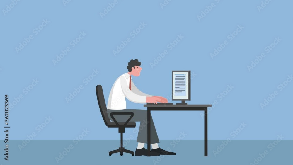 Cartoon Workplace with Angry Man Character Beats Malfunctioning Computer in Office Side View Animation