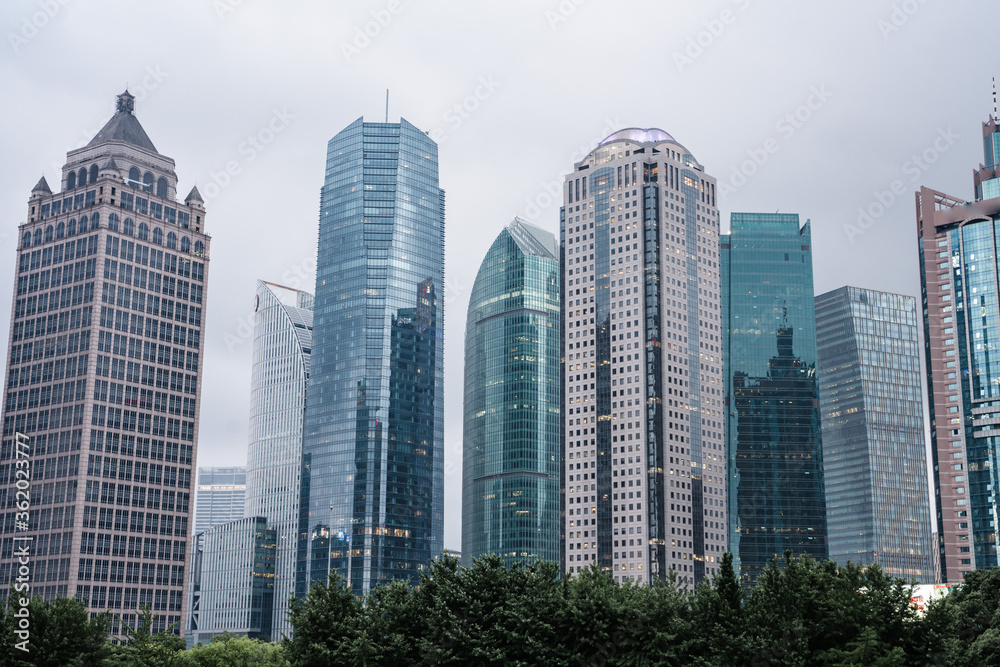 Modern skyscrapers in Lujiazui, financial district in Shanghai, China.