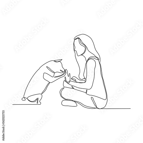 Continuous line drawing of happy young woman playing with dog pet. Vector illustration