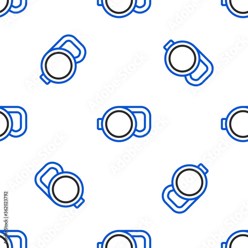 Line Retractable cord leash with carabiner icon isolated seamless pattern on white background. Pet dog lead. Animal accessory for outdoors walk. Colorful outline concept. Vector.