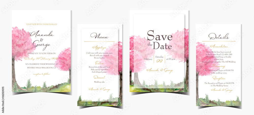 set of wedding invitation with elegant pink cherry blossom tree