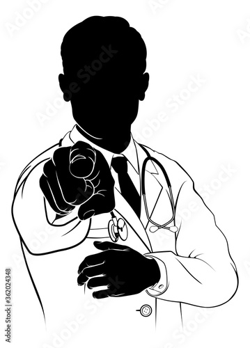 A doctor silhouette pointing with his finger in a Needs You gesture.