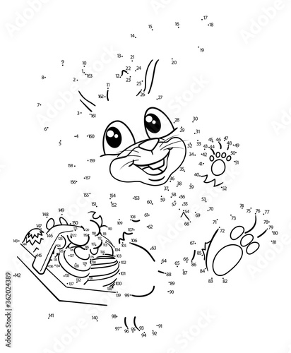 A connect or join dots to dot kids puzzle work sheet cartoon drawing of the Easter bunny holding a basket of chocolate eggs