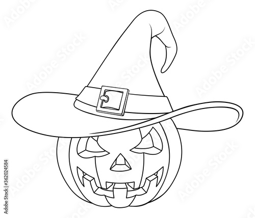 A coloring book page drawing of a Jack O Lantern Halloween pumpkin