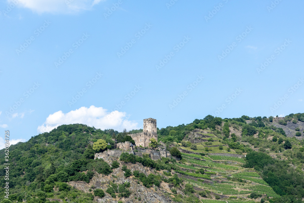 Gutenfels Fortress  in a spring-like landscape 110 m above the town of Kaub in Rhineland-Palatinate, Germany