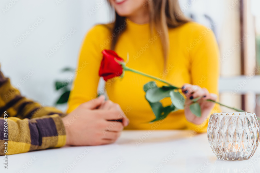 Cropped blurred shot of young man gives flowers to his girlfriend, holds her hands and definitely is going to make a proposal. Cropped blurred shot of young man gives flowers to his girlfriend, holds her hands and definitely is going to make a proposal.