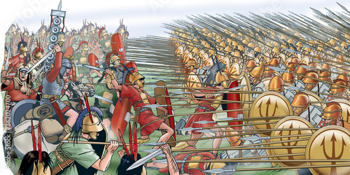 Ancient Rome - Battle of Roman soldiers against Greek phalanx photo