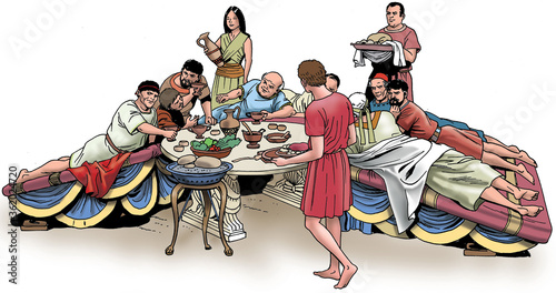 Ancient Rome - Roman Patrician dine on tricliniums, a formal dining room in a Roman building