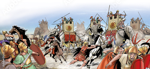Ancient Rome - Pyrrhus elephants fight against Roman soldiers photo