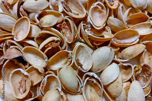 Top view of husk from pistachios. Background, selective focus.