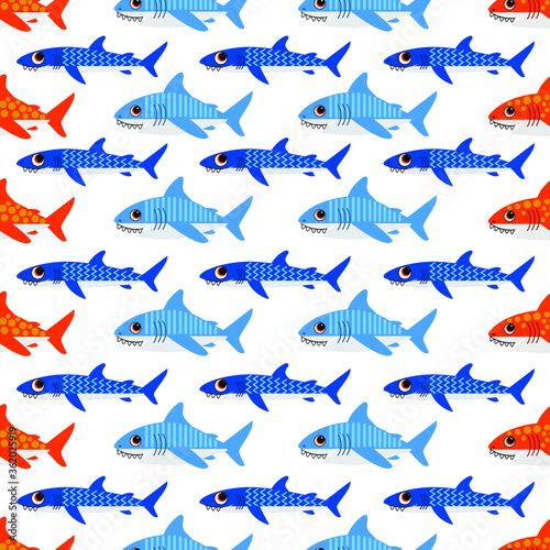 seamless pattern with orange and blue sharks arranged evenly.