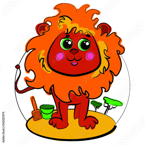 Vector illustration with cute stylized lion cub with bucket and dustpan.