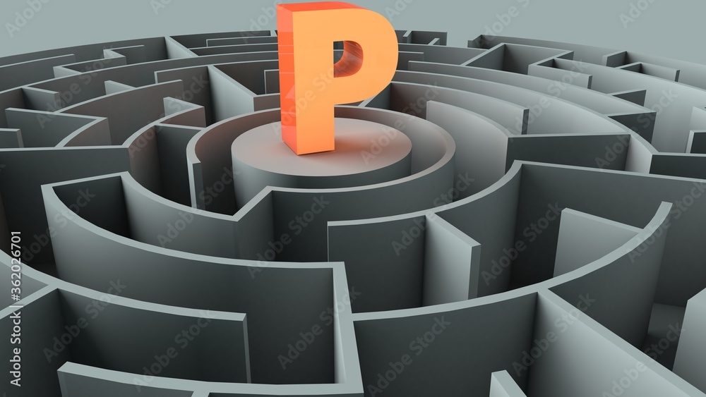 3D illustration of letter P in a center of a maze 3D illustration of letter P in a center of a maze