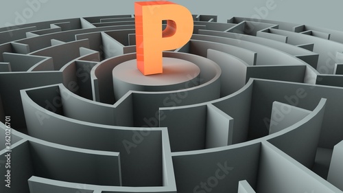 3D illustration of letter P in a center of a maze