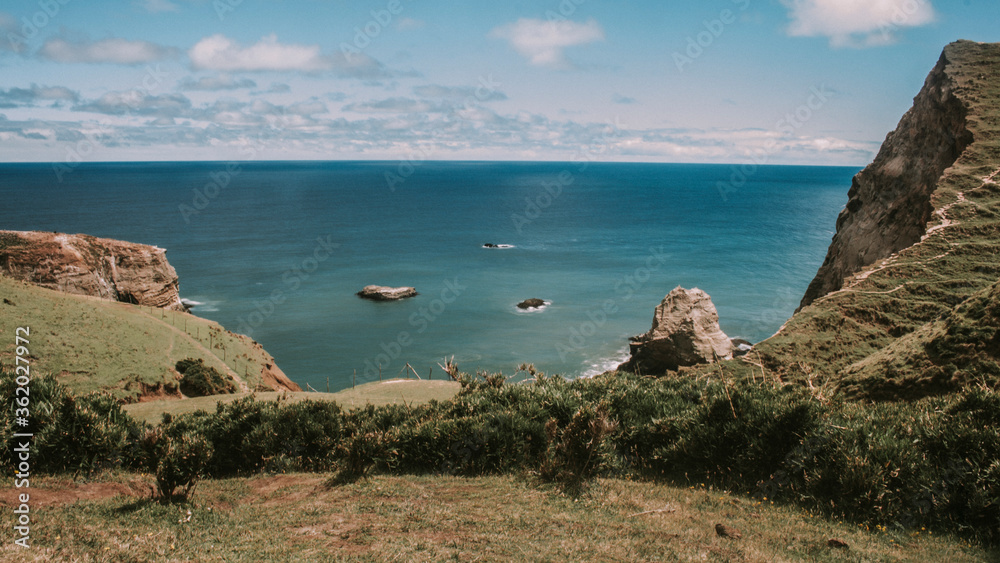 Rocks on the shoreline of a beach with ocean views