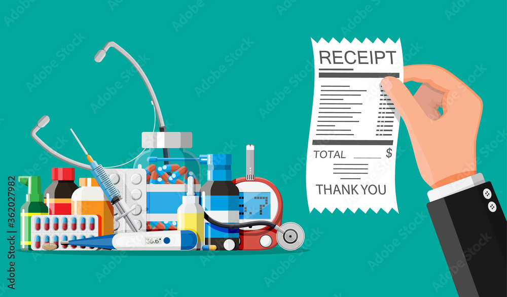 Medicine collection in bag, hand with receipt. Set of bottles, tablets