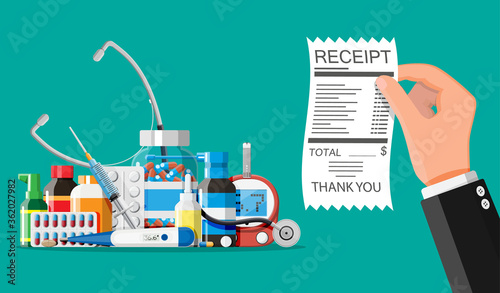 Medicine collection in bag, hand with receipt. Set of bottles, tablets, pills, capsules and sprays. Medical drug, vitamin, antibiotic. Healthcare and pharmacy. Flat vector illustration