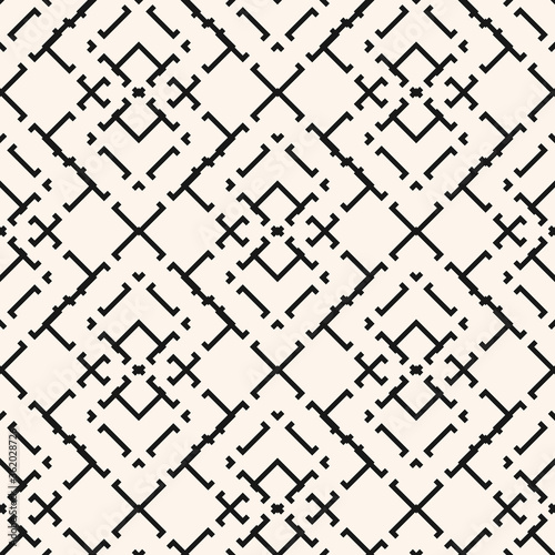 Black and white vector geometric seamless pattern with thin lines, square grid. Ethnic motif ornament. Simple monochrome geometrical background. Stylish repeated design for print, wallpapers, fabric