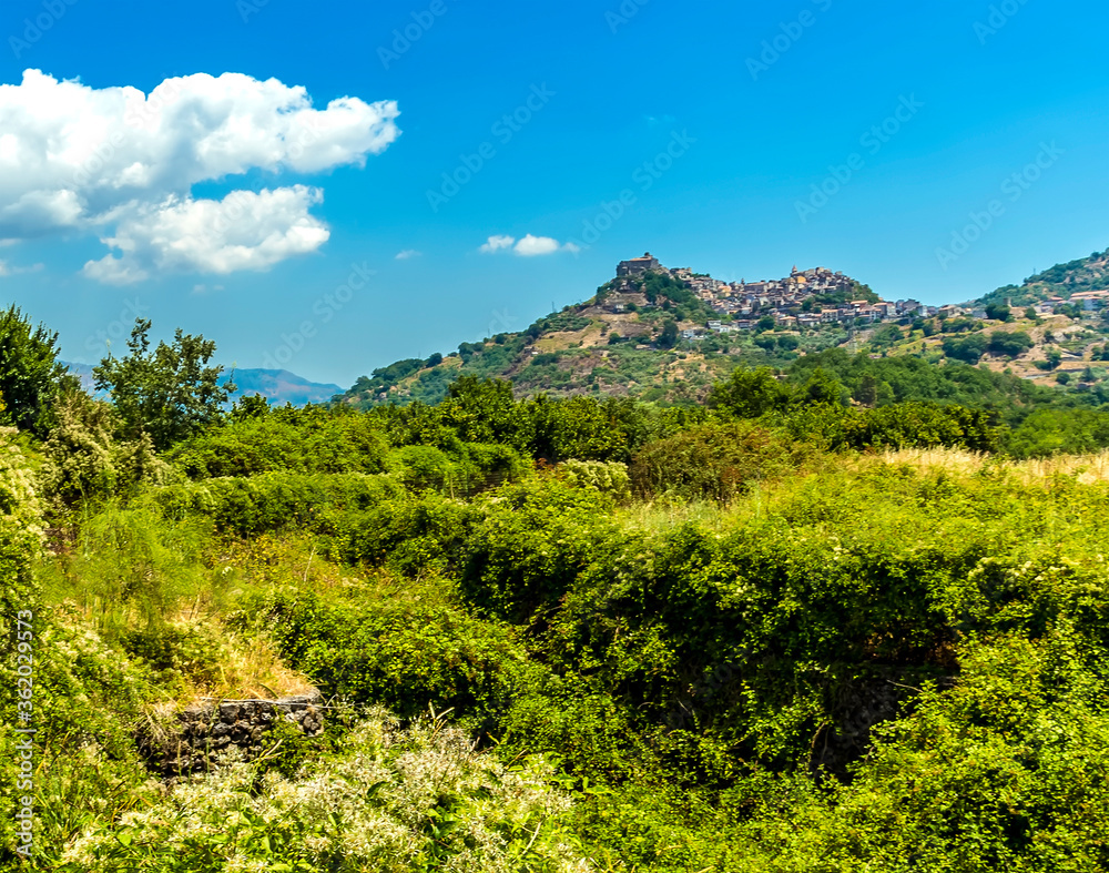 The settlement of Castiglione di Sicilia in the foot hills of Mount Etna, Sicily in summer