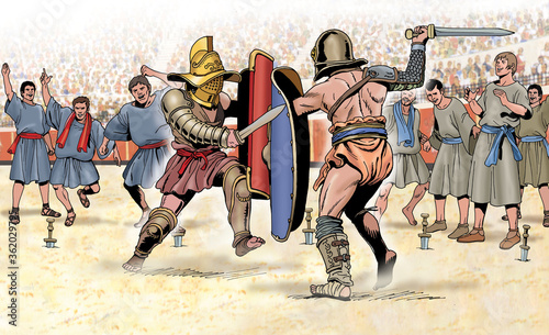 Fotografía Ancient Rome - Fight between gladiators incited by increpatores