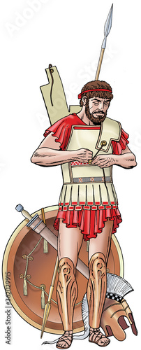 Ancient Greece - A Greek Hoplite gets dressed photo