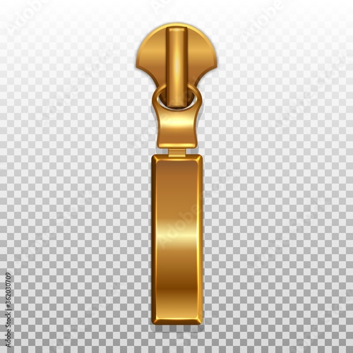 Gold color zip closure. Pendant for opening zippers on clothes. Isolated on a transparent background. 3D realistic vector illustration.